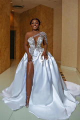 One Shoulder Sleeveless Long Split Prom Dress With Appliques