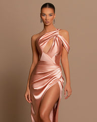 One Shoulder Sleeveless Stunning Pleated Mermaid Evening Dress With Side Split
