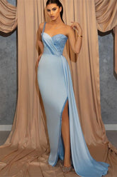 One Shoulder Spaghetti Strap Split Sky Blue Sweetheart Mermaid Prom Dress With Sequins