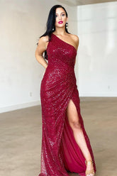 One Shoulder Split Mermaid Burgundy Prom Dress With Backless