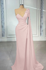 One Shoulder V Neck Mermaid Prom Pleated Dress Red Long Appliques With Ruffles