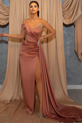 One-Shoulder V-Neck Spaghetti-Strap Beaded Mermaid Prom Dress with Slit