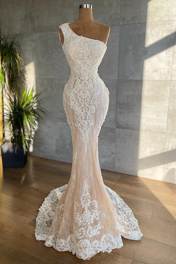 One Shoulder Wedding Dress Mermaid Lace Champagne Bridal Gown-27dress
