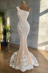 One Shoulder Wedding Dress Mermaid Lace Champagne Bridal Gown-27dress