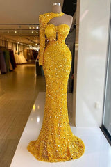 One Shoulder Yellow Halter Long Sleeve Sweetheart Mermaid Prom Dress With Sequins
