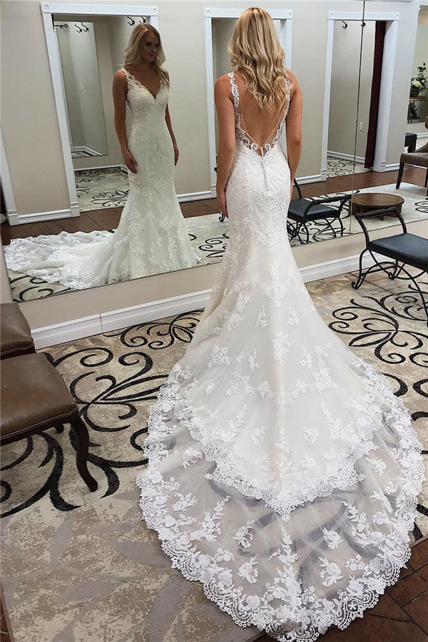 Open Back Mermaid Lace Wedding Dress Sleeveless-27dress