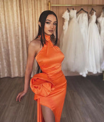 Orange Flower Halter Sleeveless High Split Prom Dress With Pleated