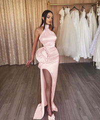 Orange Flower Halter Sleeveless High Split Prom Dress With Pleated