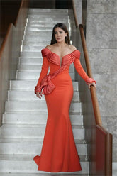 Orange Off the Shoulder Long Sleeves Mermaid Long Prom Dress With Ruffles