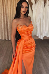 Orange Strapless Satin Ruffles Long Mermaid Prom Dress with Split-27dress