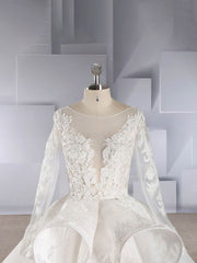 Organza Chapel Train Wedding Dress with Illusion and Cascading Ruffles