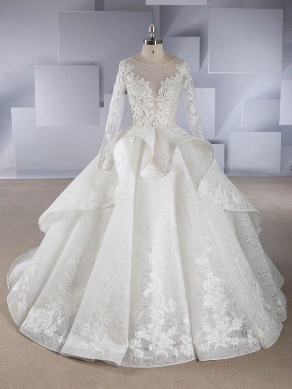 Organza Chapel Train Wedding Dress with Illusion and Cascading Ruffles