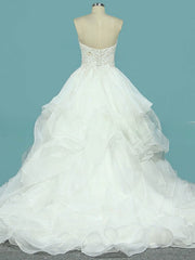 Organza Court Train Wedding Dress with Sweetheart Neckline and Cascading Ruffles