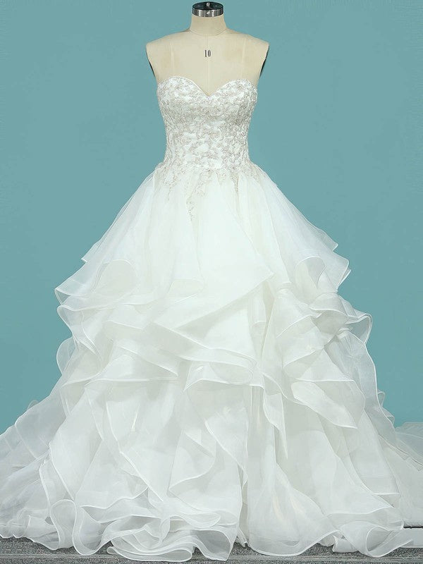 Organza Court Train Wedding Dress with Sweetheart Neckline and Cascading Ruffles