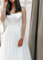 Pearl Detailed Ball Gown Illusion Tulle Tea-length Wedding Dress