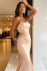 Pearl Pink Long Mermaid Spaghetti Strap Sleeveless Prom Dress With Beadings