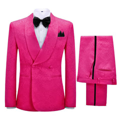 Floral Jacquard Two Pieces Tuxedos Shawl Lapel Double Breasted Slim Fit Pink Wedding Suits