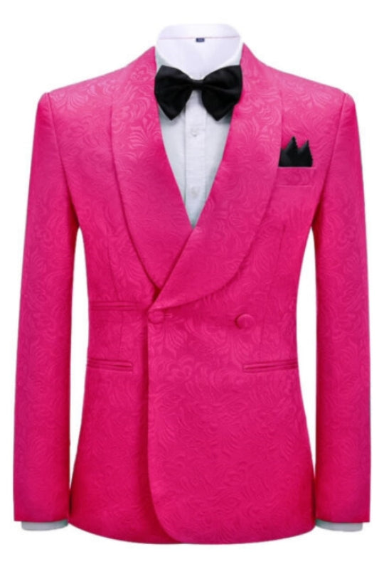 Floral Jacquard Two Pieces Tuxedos Shawl Lapel Double Breasted Slim Fit Pink Wedding Suits