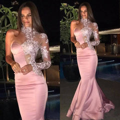 Pink Glamorous High Neck One Shoulder Mermaid Long Prom Dress Long Sleeve