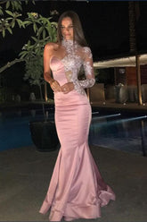 Pink Glamorous High Neck One Shoulder Mermaid Long Prom Dress Long Sleeve