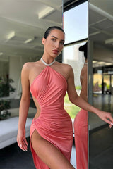 Pink Halter Sleeveless Mermaid Prom Dress with Long Split