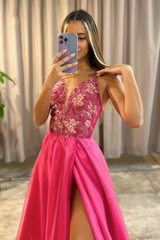Pink Long Prom Dress With Split A Line V Neck Lace Appliques