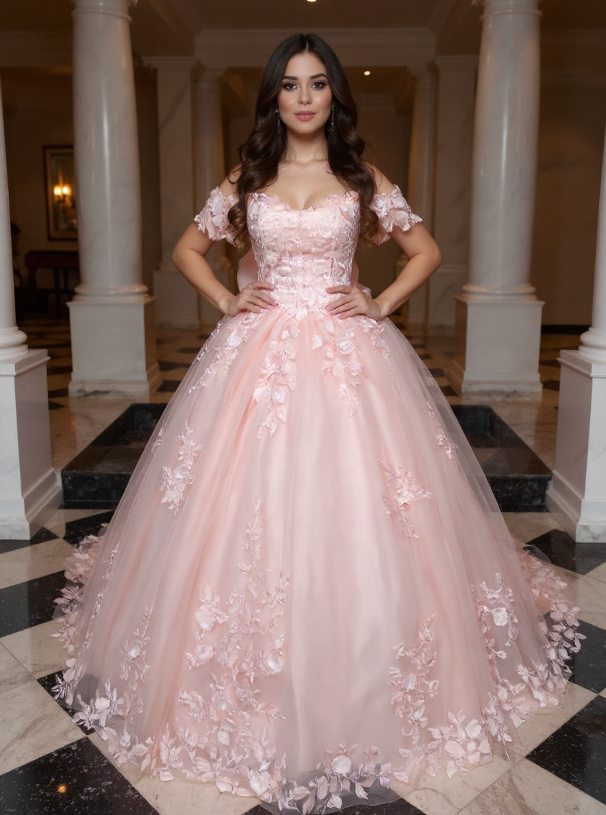 27DRESS Pink Off-the-Shoulder Ball Gown Evening Dresses with Bow and Applique