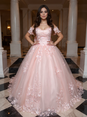 27DRESS Pink Off-the-Shoulder Ball Gown Evening Dresses with Bow and Applique