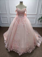 27DRESS Pink Off-the-Shoulder Ball Gown Evening Dresses with Bow and Applique