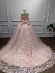 27DRESS Pink Off-the-Shoulder Ball Gown Evening Dresses with Bow and Applique