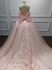 27DRESS Pink Off-the-Shoulder Ball Gown Evening Dresses with Bow and Applique