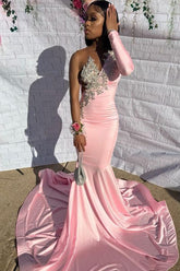 Spandex Pink One Shoulder Long Mermaid Prom Dress Waist-Skimming with Appliques