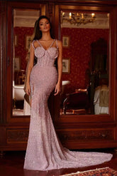 Pink Purple Gorgeous Beadings Prom Dress V-Neck Mermaid Long with Split