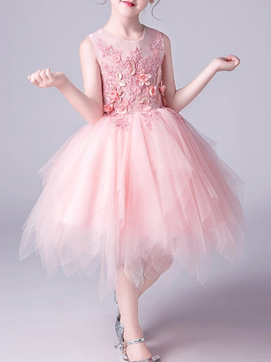 Pink Short A-Line Tulle Jewel Neck Pageant Flower Girl Dresses-27dress