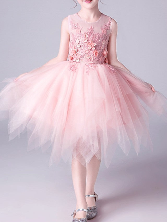 Pink Short A-Line Tulle Jewel Neck Pageant Flower Girl Dresses-27dress