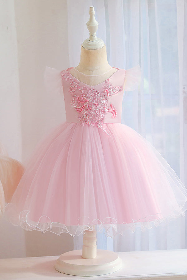 Pink Short Ball Gown Floral Appliques Tulle Flower Girl Dresses-27dress