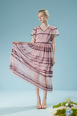 27Dress Pink Short Sleeves V-neck Long Dresses