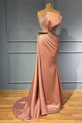 Pink Sleeveless Mermaid Spaghetti Strap Ruffles Prom Dress With Beadings