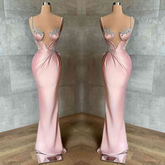 Pink Spaghetti Strap Mermaid Prom Dress Sleeveless With Appliques