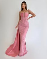 Pink Spaghetti Strap Sequins Beaded Sleeveless Mermaid Prom Dress With Ruffles
