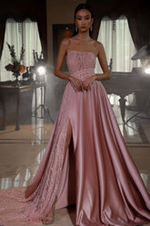 Pink Strapless A Line Sleeveless Sequins Long Prom Dress With Front Split