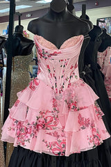 27Dress Pink Strapless Corset Short Floral Homecoming Dresses