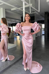 Pink Strapless Long Mermaid Prom Dress Side Split With Detachable Sleeves