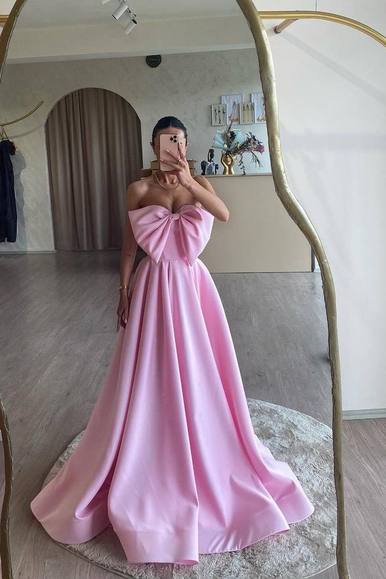 Pink Sweetheart Strapless Sleeveless A Line Long Prom Dress With Bowknot