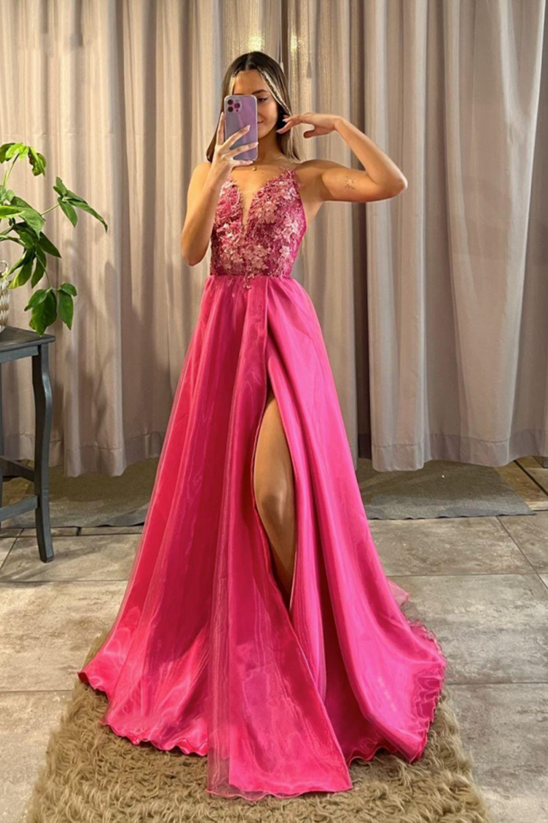 Pink V-Neck A-Line Long Prom Dress with Slit