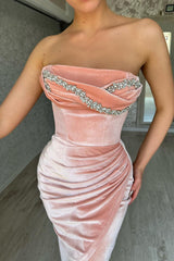 Pink Velvet Strapless Sleeveless Prom Dress with Beadings and Slit