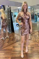 Pleated Halter Dusty Rose Mini Homecoming Dress