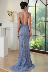 Plunge V Neck Mermaid Long Prom Dress with Lace Applique-27dress