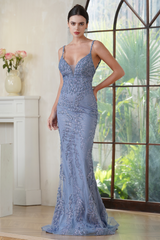 Plunge V Neck Mermaid Long Prom Dress with Lace Applique-27dress