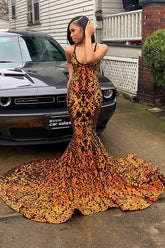 Plunging Halter V Neck Laser Sleeveless Mermaid Prom Dress Sleeveless Court